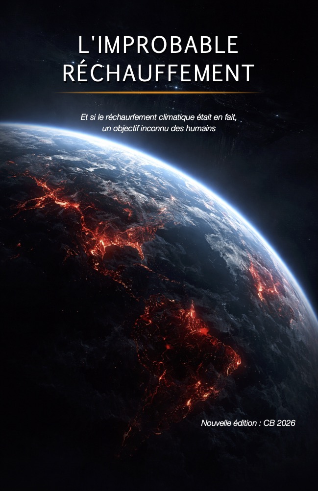 Vue de la Terre depuis l’espace, continents embrasés, texte « L’improbable réchauffement » sur fond sombre.