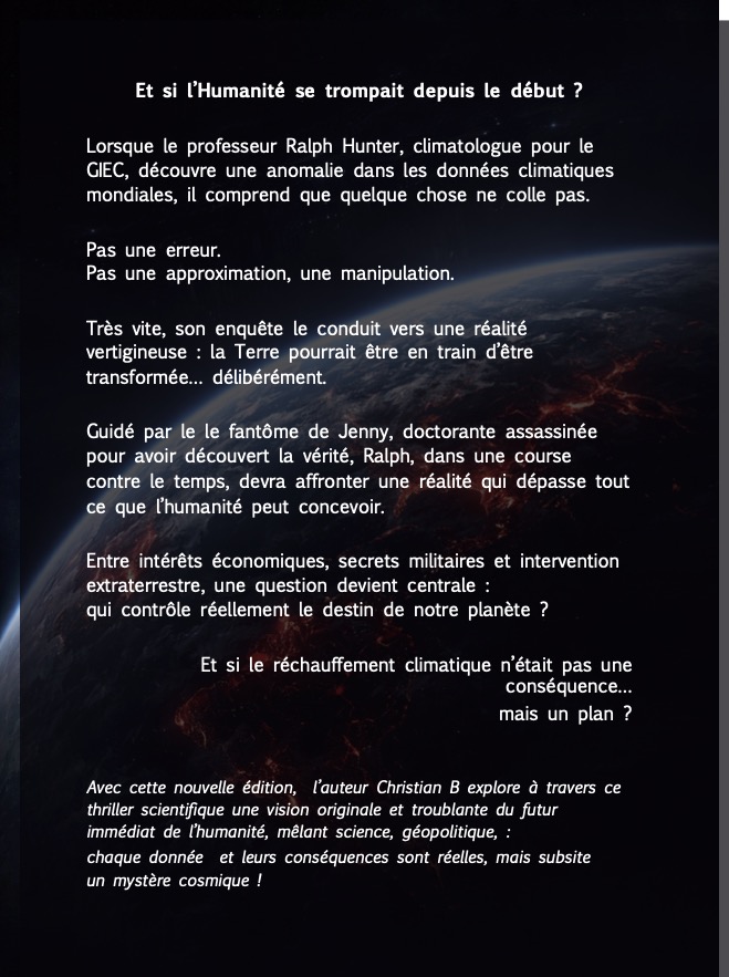 Texte en français sur fond spatial, planète Terre vue de l’espace, atmosphère sombre et nébuleuses rouges.